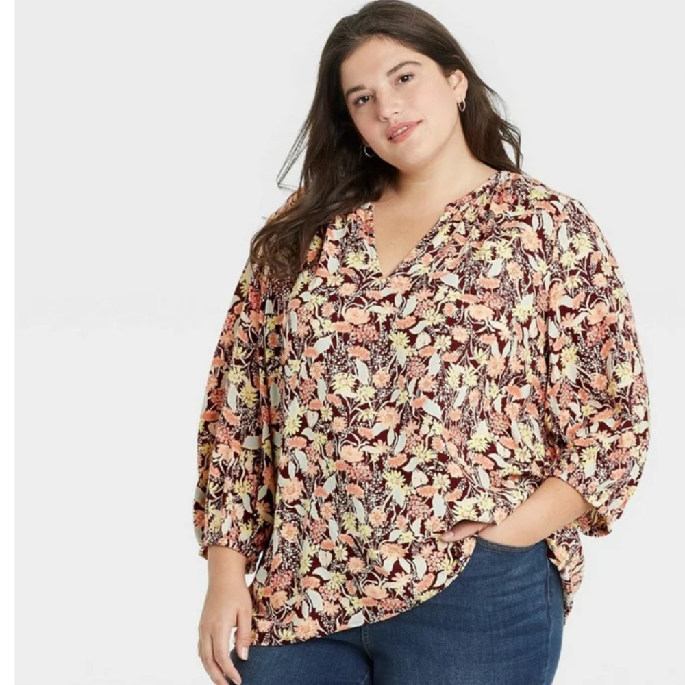 Ava & Viv Open Deep V-neck 3/4 Sleeve Popover Blouse Burgundy Floral Print